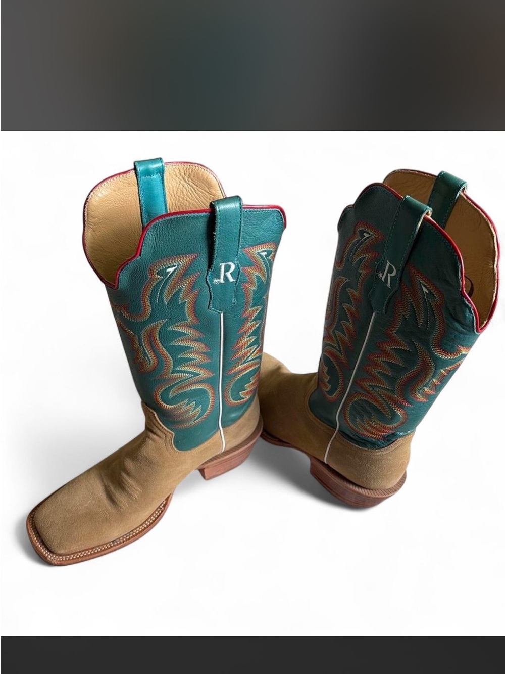 R Brand Teal & Tan Western Boots - Embroidered Cowboy Style